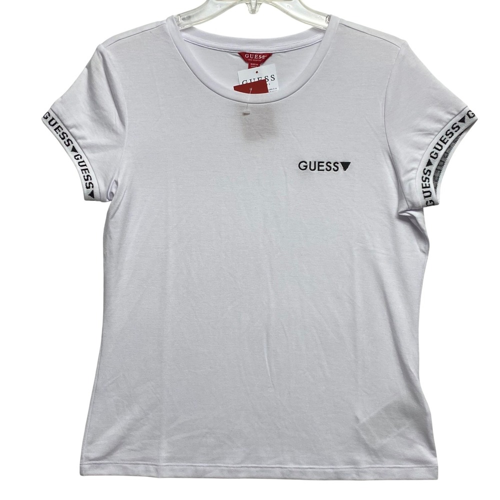 Guess Womens Logo Tape Sleeve Crewneck T-Shirt White Cotton Tee M‎ NWT - Picture 2 of 6